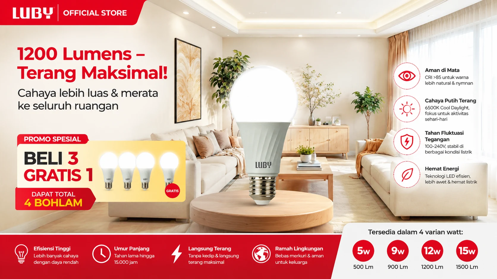 LUBY Eyesential Beli 3 Gratis 1, Solusi Lampu Terang dan Nyaman di Mata