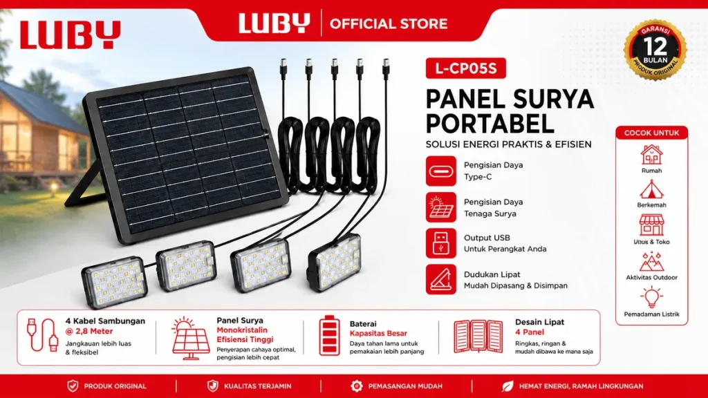 LUBY emergency L-CP05S Lampu Emergency Lampu Darurat Gantung Camping Portable Solar Panel 4 Lampu LED Tenaga Surya 600 Lumen 30 Watt