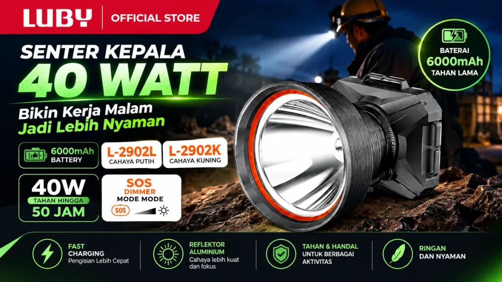 LUBY L-2902 Senter Kepala 40 Watt, Bikin Kerja Malam Jadi Lebih Nyaman