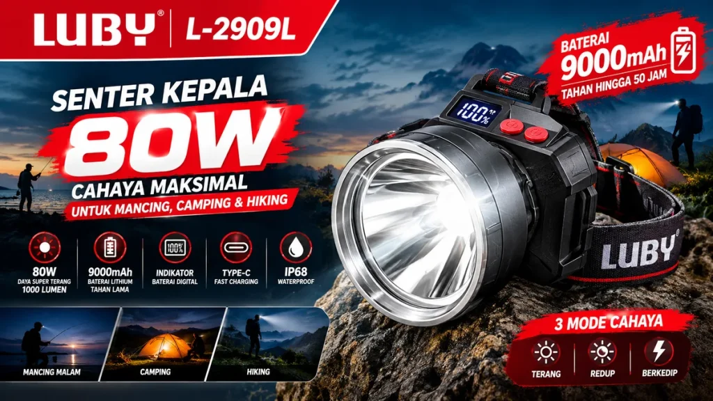 LUBY L-2909L Headlamp Super Terang Untuk Penerangan Mancing dan Camping