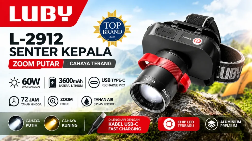 LUBY L-2912 Headlamp Zoom 60W dan Tahan Sampai 72 Jam