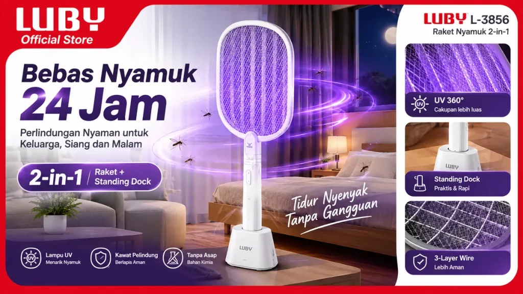 Raket Nyamuk 2in1 LUBY L-3856 Raket Nyamuk Ultraviolet, Melindungi Bahkan Saat Tidur