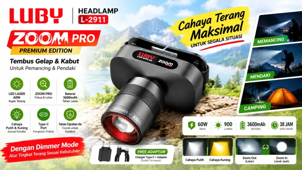 Tembus Gelap dan Kabut Pemancing & Pendaki Pakai Headlamp Zoom Luby L-2911
