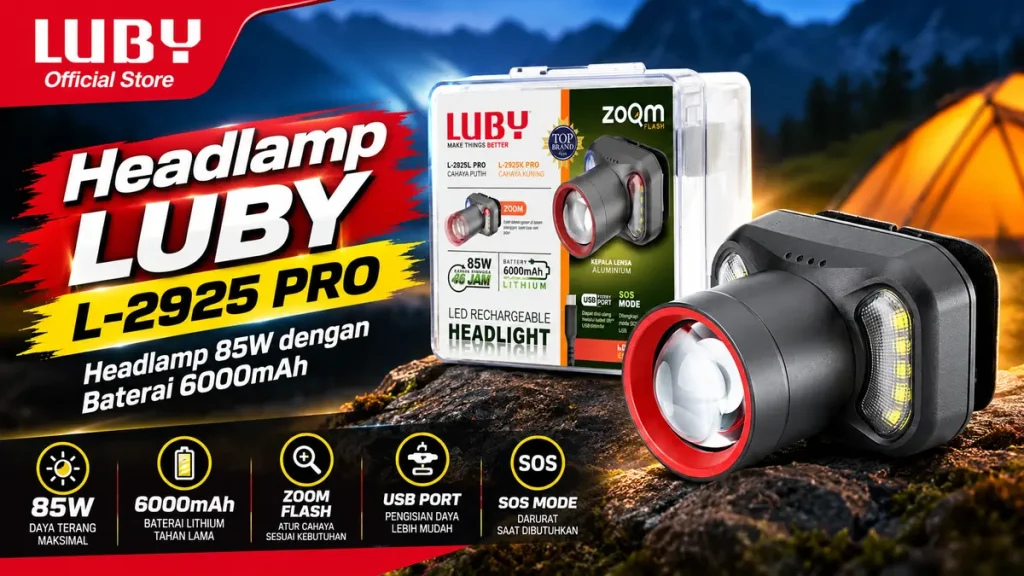 LUBY L-2925 PRO, Headlamp 85W dengan Baterai 6000mAh