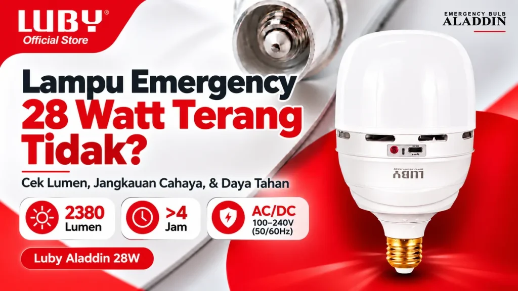 LUBY Lampu Emergency 28 Watt Aladdin Lumen, Jangkauan Cahaya dan Durasi Pemakaian